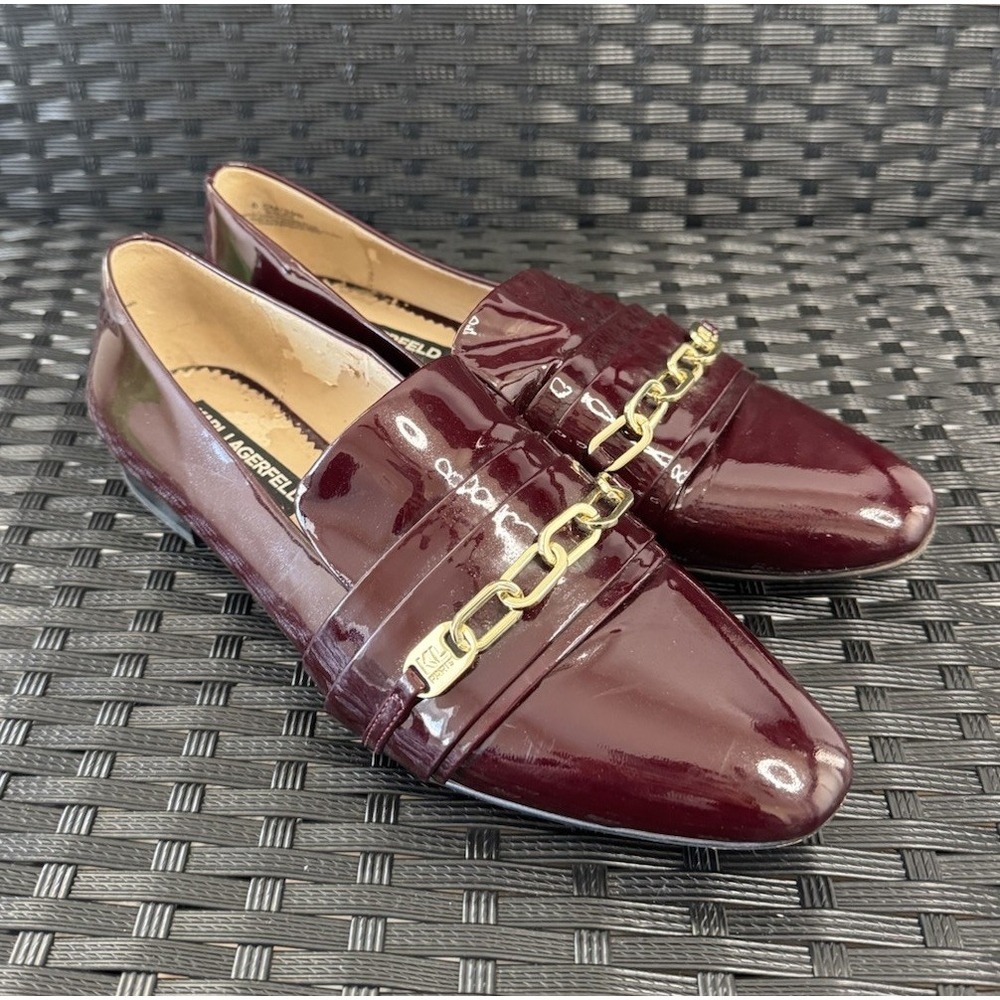 Karl Lagerfeld Nikki‎ Patent Leather Loafers Burgundy Chain Sz 8.5M Old Money